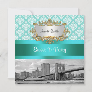 Brooklyn Bridge Türkis White Damask Sweet 16 Einladung