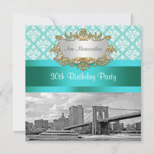 Brooklyn Bridge Turquoise Wht Damask Birthday Einladung