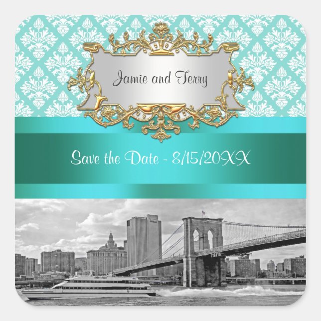 Brooklyn Bridge Turquoise Wht Damask Rett Date Quadratischer Aufkleber (Vorderseite)
