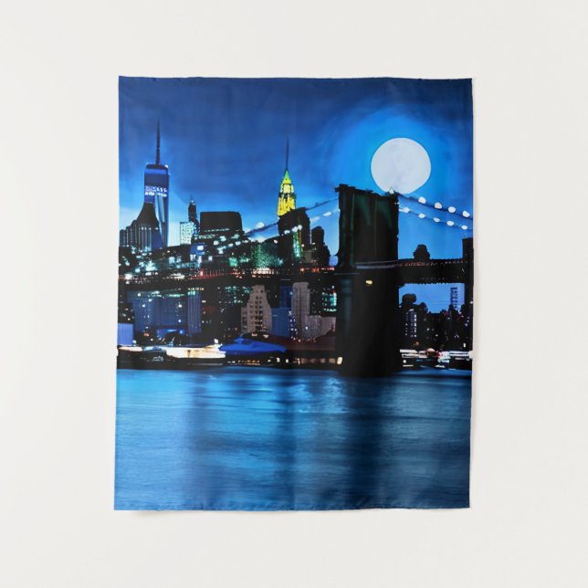 Brooklyn Bridge unter einem Vollmond Wandteppich (Vorderseite)