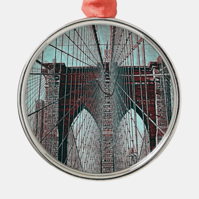 Brooklyn-Brücke in NYC Silbernes Ornament (Vorne)