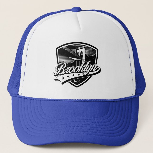 Brooklyn Gold Swoosh Design Template Trucker Hat Truckerkappe (Vorderseite)