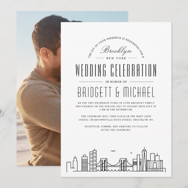 Brooklyn Wedding | Moderner Deko Skyline Einladung (Vorne/Hinten)