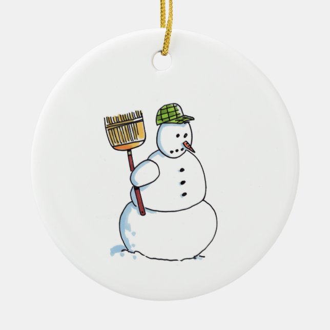 Broom Snowman céramique blanche ornement de Noël (Devant)