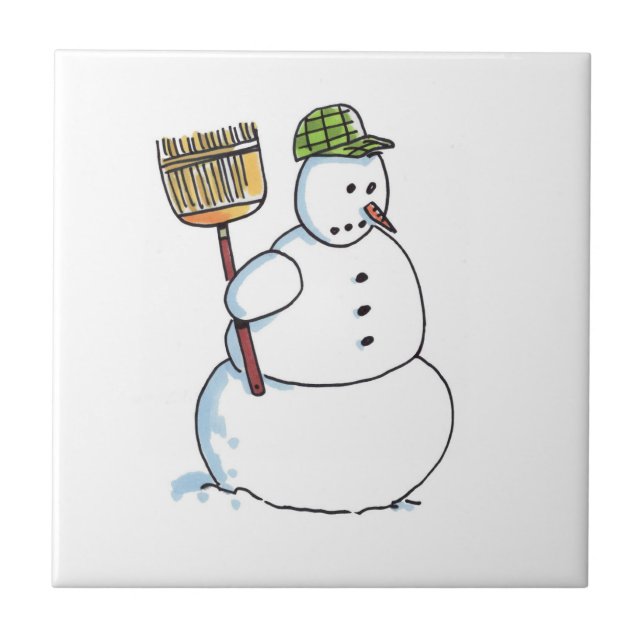 Broom Snowman kleine Keramik Kachel (Vorderseite)