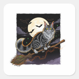 Broomstick Rider Coon - Maine Coon Halloween Quadratischer Aufkleber
