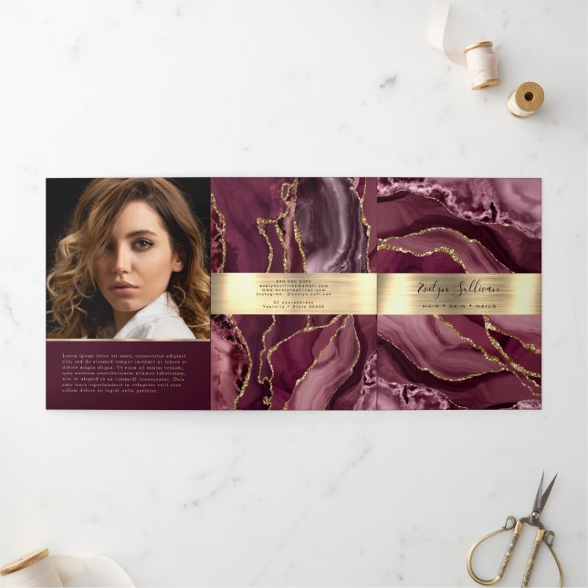 Broschüre "Elegante Burgund und Gold Agate Trifold (Außenbereich)