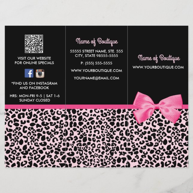 Broschüre Girly Pink Leopard Print Bow Boutique (Vorderseite)