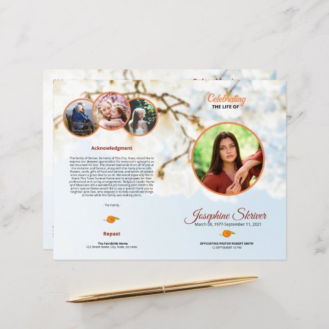 Broschüre über das Beerdigungsprogramm (Vorderseite/Rückseite Beispiel)