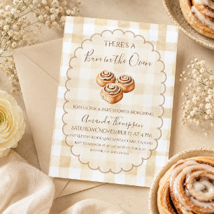 Brötchen im Ofen Beige Gingham-Baby-Party Einladung