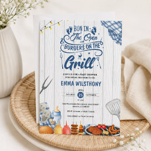 Brötchen im Ofen & Burger grillen Baby Shower Jung Einladung