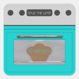 Brötchen im Ofen; Save the Date Aufkleberaqua Quadratischer Aufkleber