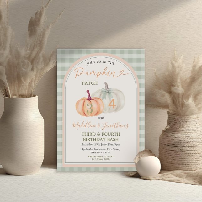Brother & Sister Pumpkin Patch Gingham Birthday Einladung (Von Creator hochgeladen)