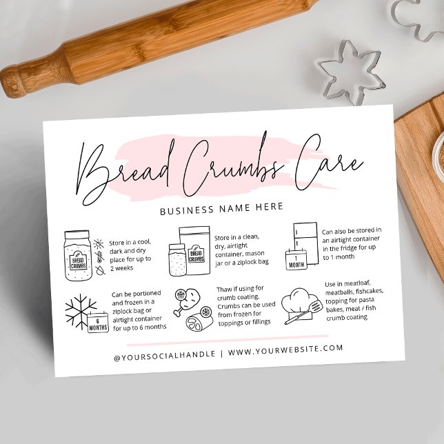 Brotsorten-Vorsorgeanleitung Pink Wasserfarbe Visitenkarte (Sourdough bread crumbs care cards with icons, modern script font and pink watercolor and your logo)