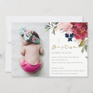 Brousse Bleu Bleu Floral Photo Baptême Invitation