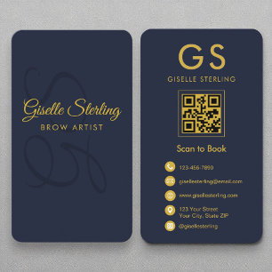 Brow Artist Monogram Navy Blue Gold QR Code Visitenkarte