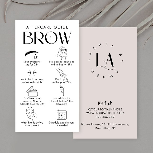 Brow Lamination Aftercare Moderne Logo-Creme Visitenkarte (Trendy brow lamination & microblading aftercare business cards in neutral cream & white design)