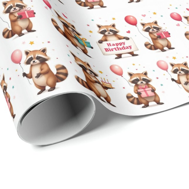 Brow Raccoon Birthday Celebration Scene - Birthday Geschenkpapier (Rolleneckpunkt)