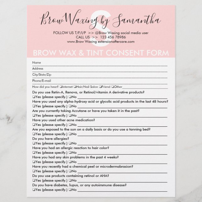 Brow Wax und Tint-Kundenzustimmungsformular Flyer (Vorne)