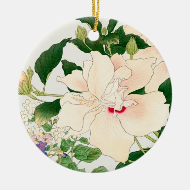 Browallia & Hibiskus Blume - japanischer Holzblock Keramik Ornament (Vorne)