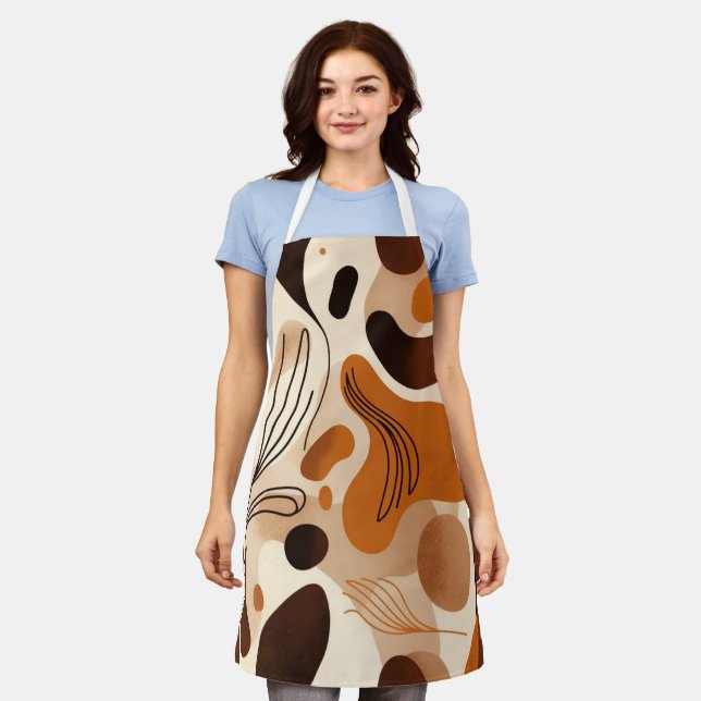 Brown Abstract Organic Shapes Print All-Over Print Schürze (Getragen)