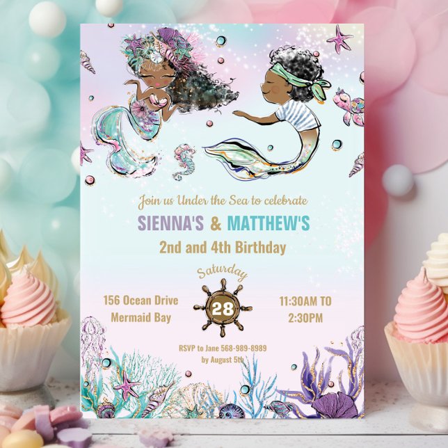 Brown African Mermaid Pirate Twins Joint Birthday Einladung (Von Creator hochgeladen)