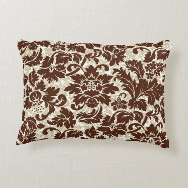 Brown and Beige Vintage Floral Damask Dekokissen (Rückseite)