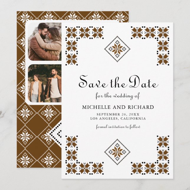 Brown and Black Ukrainian Embroidery Wedding Save The Date (Vorne/Hinten)