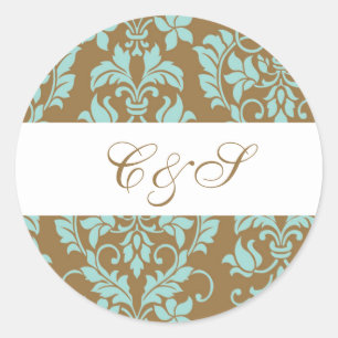 Brown and Blue Damask Favor Stickers