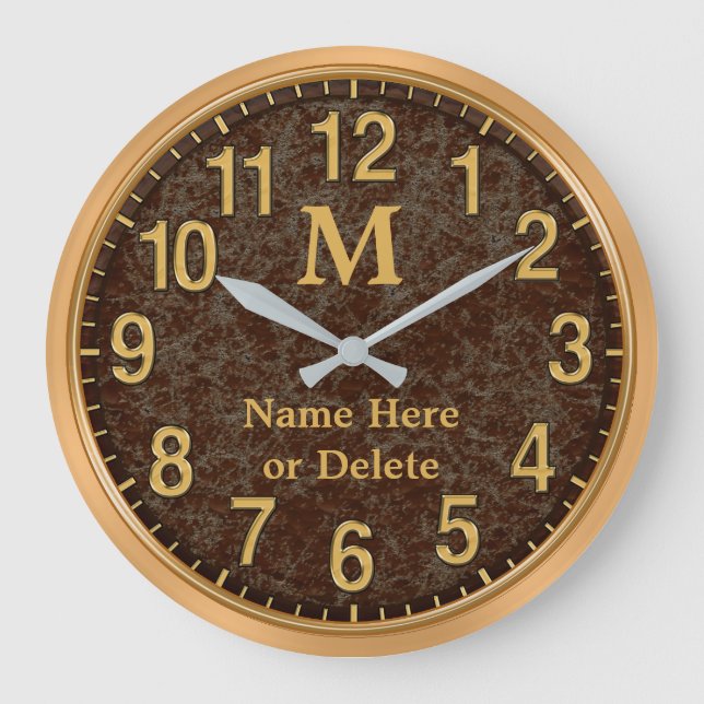 Brown and Gold Monogrammed Personalized Clock Große Wanduhr (Vorderseite)