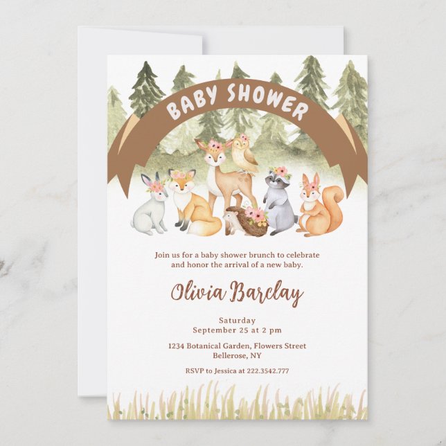 Brown And Green Woodland Animals Baby Shower  Einladung (Vorderseite)