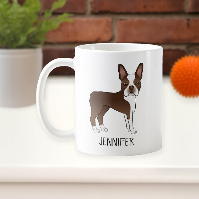 Brown and White Boston Terrier Cartoon Dog & Name Kaffeetasse (Von Creator hochgeladen)