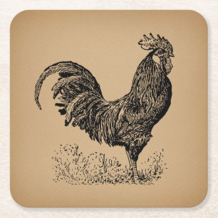 Brown Antique Rooster Illustration Hühnerparadies Rechteckiger Pappuntersetzer