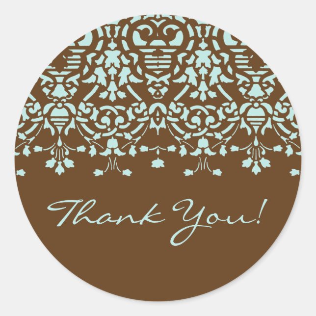 Brown & Aqua Blue Damask Danke Sticker (Vorderseite)