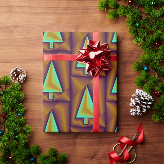 Brown Aquamarin Metallic Trees Puffy Geschenkpapier (Feiertagsgeschenk)