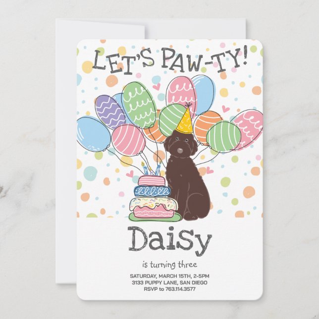 Brown Aussiedoodle Dog Birthday Party Einladung (Vorderseite)