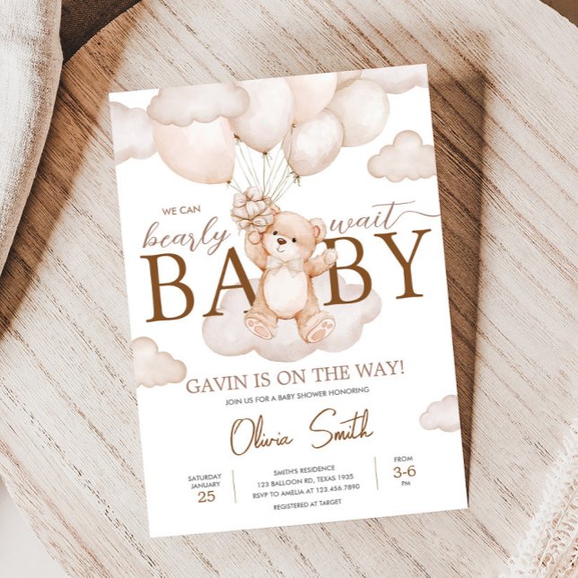 Brown Baby Bear Balloon Babydusche Einladung (Brown Bearly Wait Baby Bear Balloon Baby Shower Invitation
)