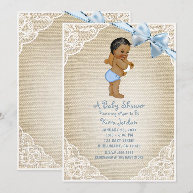Brown Baby Boy Bear & Blue Bow Burlap Baby Dusche Einladung (Vorne/Hinten)