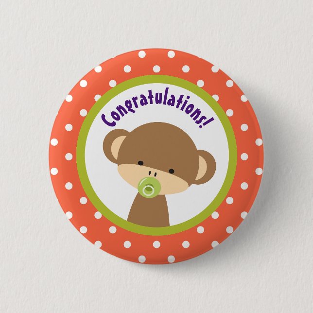 Brown Baby Monkey mit Schnuller Herzlichen Glückwu Button (Vorderseite)