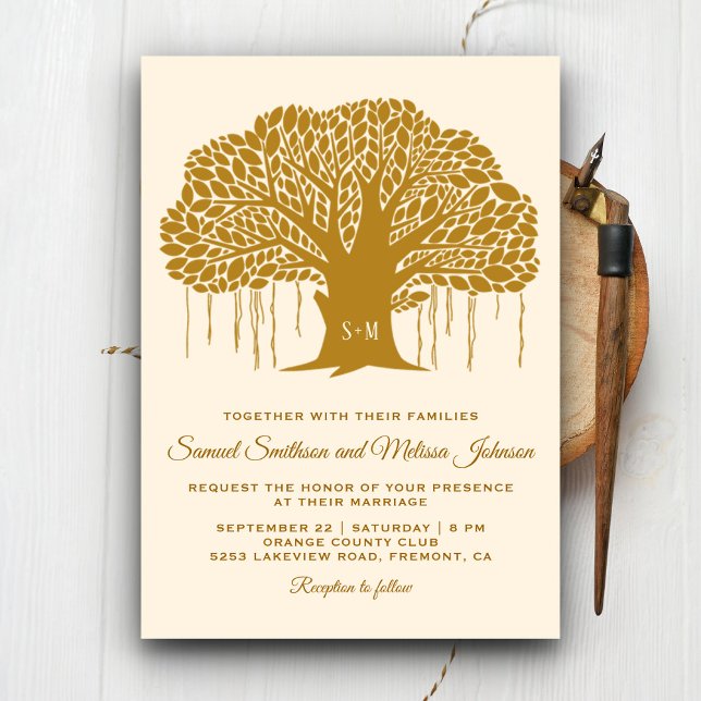 Brown Banyan Tree Monogram Wedding Einladung (Von Creator hochgeladen)