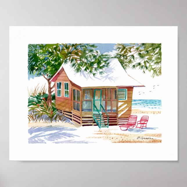 Brown Beach Hütte Watercolor Tropical Poster (Vorne)