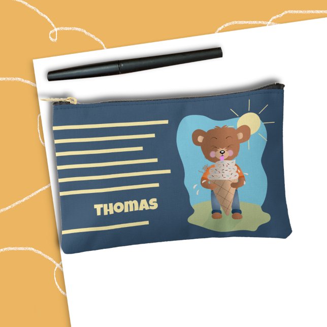 Brown Bear and Ice Cream Cone Kid Pencil Pouch Zubehörtasche (Cute brown bear kid blue pencil pouch with name . )