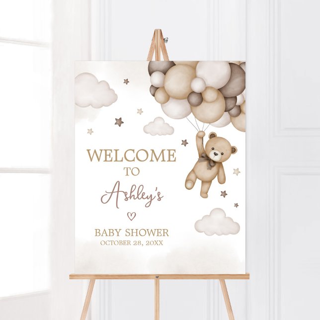 Brown Bear Balloon Baby Dusche Willkommen Poster (Brown Boho Bear Baby Shower  Welcome Sign)