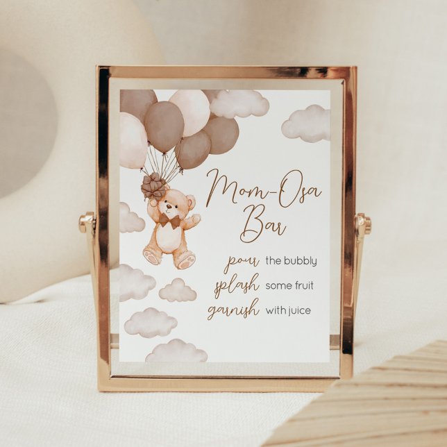 Brown Bear Balloon Bearly Wait Mama Osa Bar Poster (Brown Baby Bear Balloon Baby Shower Mom Osa Bar Sign)