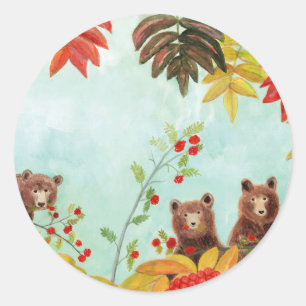 Brown Bears Eating Red Rowan Berries Runder Aufkleber