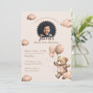 Brown Beary First Birthday Boy Photo Einladung
