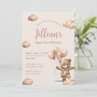 Brown Beary First Birthday Girl Einladung