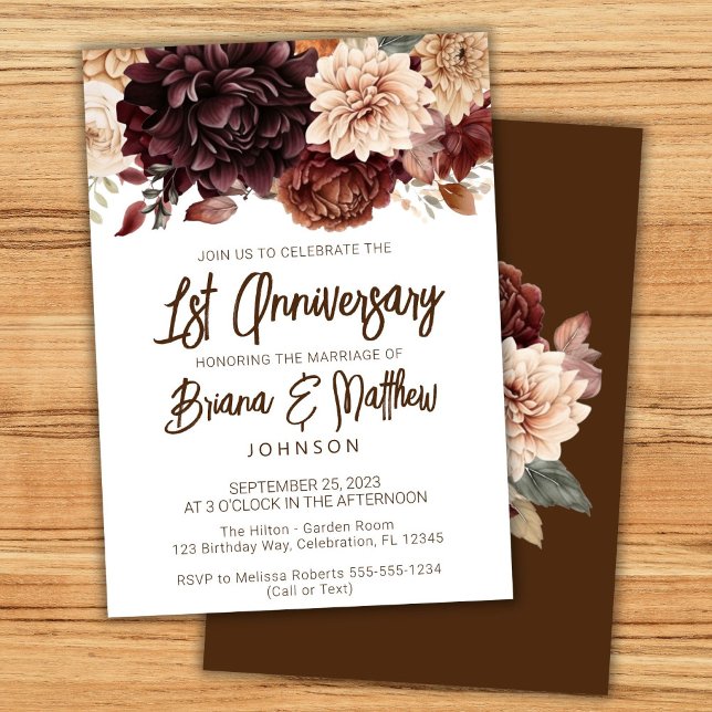 Brown Beige Floral 1. Hochzeitstag Einladung (Von Creator hochgeladen)