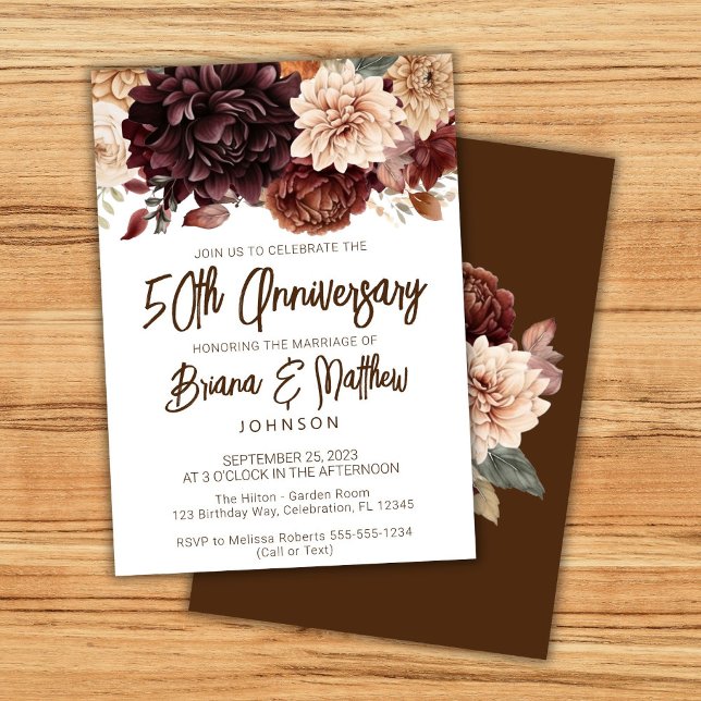 Brown Beige Floral 50. Hochzeitstag Einladung (Von Creator hochgeladen)