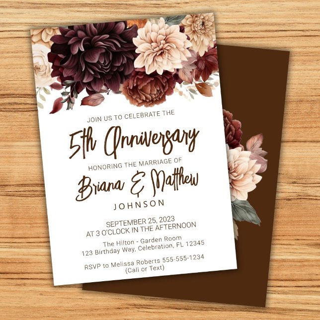 Brown Beige Floral 5. Hochzeitstag Einladung (Von Creator hochgeladen)